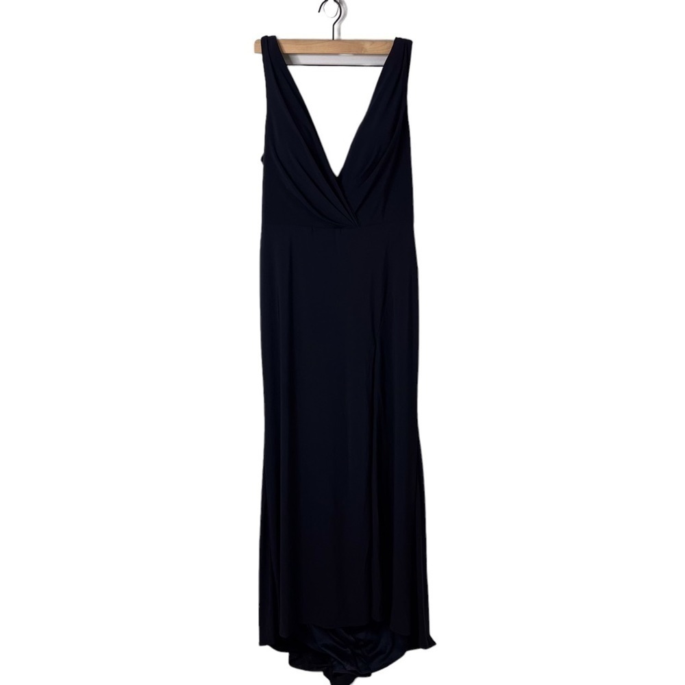 Mac Duggal Ruched Deep V Neck Gown Sleeveless Dress Leg Slit Navy Blue Size 12 - Picture 8 of 11